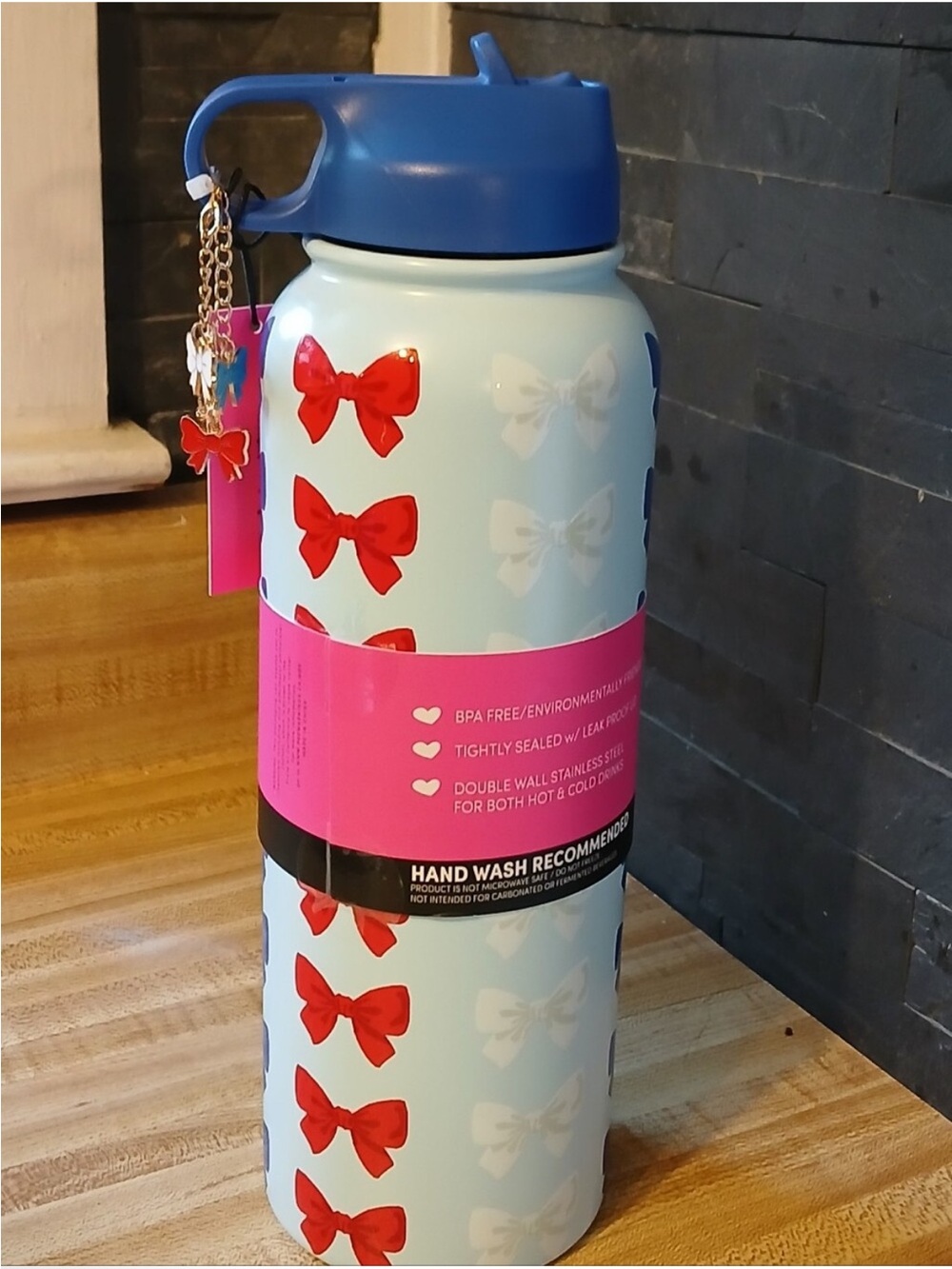 Betsey Johnson Blue & Red Bow Pattern Insulated Bottle - Picture 2 of 3